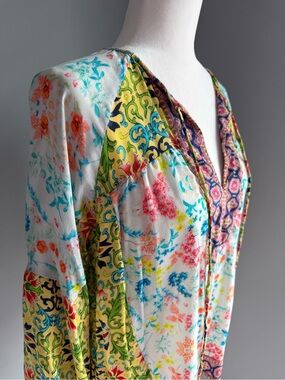Floral Tolani Silk V-Neck Blouse in White, Yellow, Purple Tunic Top Shirt